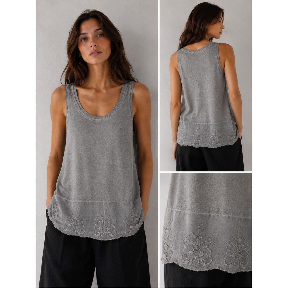 Bottega Boho Lace Embroidered Hem Sleeveless Tank Top Gray XL Made in Italy